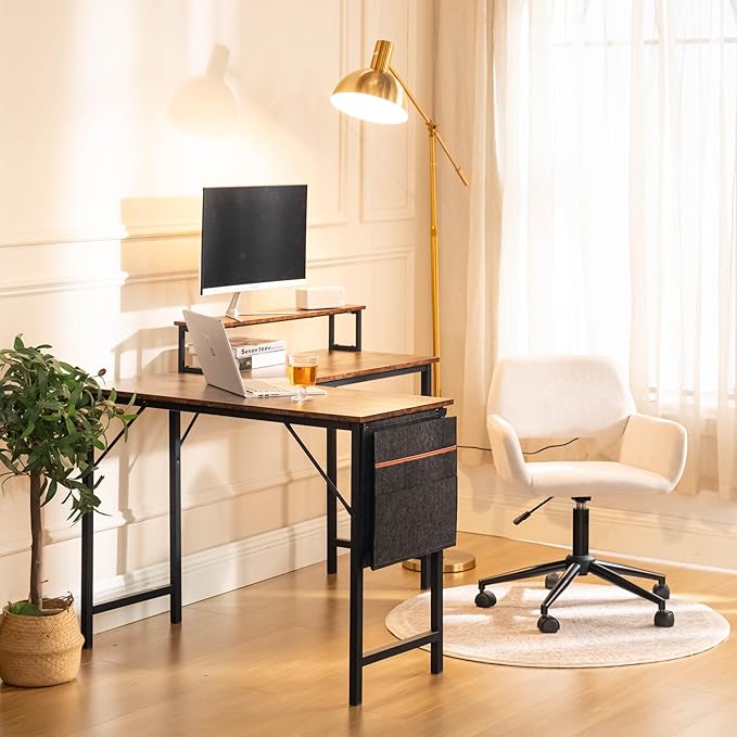 Homy Casa 48.8-Inch L-Shaped Computer Desk with Storage Bag and Desktop Rack – Durable Metal Frame Ample Storage Ideal for Home Office or Studio Use (Brown)