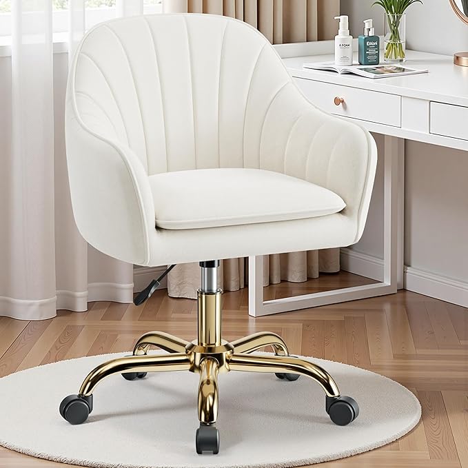 Vanity Chair with Wheels Comfy Home Office Desk Chairs Adjustable Modern Velvet Makeup Vanity Chairs for Bedroom Living Room-Beige
