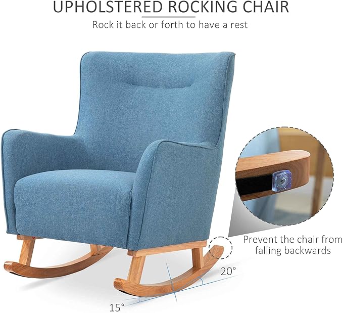HOMCOM Modern Rocking Chair Sofa Armchair Modern Accent Chair with Thick Padding Winged Back for Living Room or Bedroom Blue