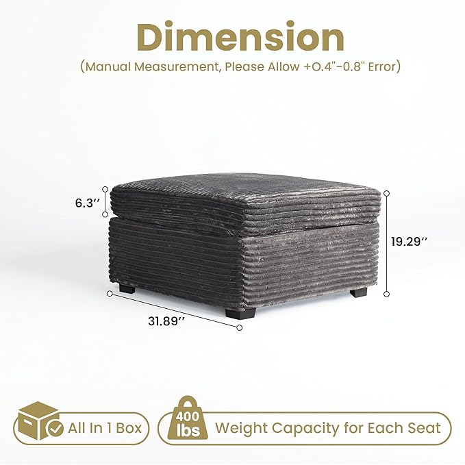 32.7'' Ottoman for Modular Sectional Sofa Deep Seat Upholstered Footstool for Sofas Set L/U/V Shaped Plush Corduroy Cloud Couch for Living Room Apartment Grey