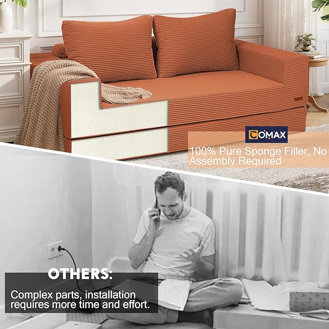COMAX Convertible Sofa Bed Queen Corduroy Folding Floor Couch Pull Out Couch Bed Futon Sleeper with Pillows Fold Out Boneless Sofa Comfy Lounge Mattress Loveseat for Living Room Bedroom