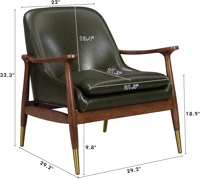 29.2'' Mid Century Faux Leather Accent Chair with Cushioned Seat Solid Wood e and Brass Tipped Legs Perfect for Living Room Bedroom or Office Lounge