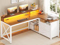 SEDETA Farmhouse L Shaped Desk 55 Home Office Desk with Drawers and Storage Shelves L Shaped Gaming Desk with LED Lights Power Outlet and Monitor Shelf Brown