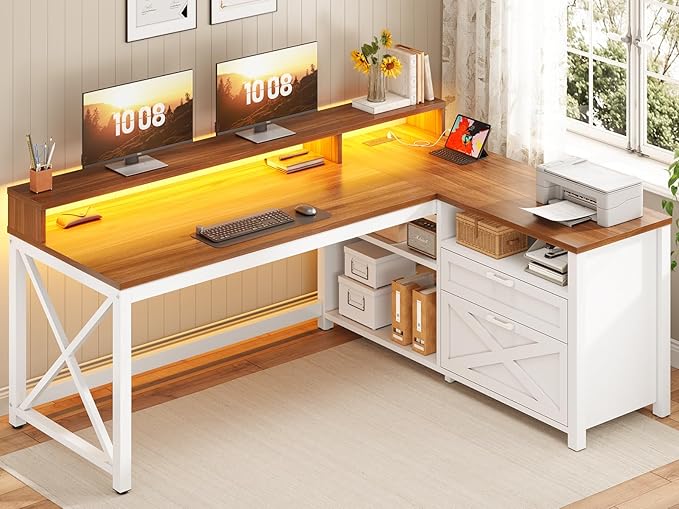 SEDETA Farmhouse L Shaped Desk 55 Home Office Desk with Drawers and Storage Shelves L Shaped Gaming Desk with LED Lights Power Outlet and Monitor Shelf Brown