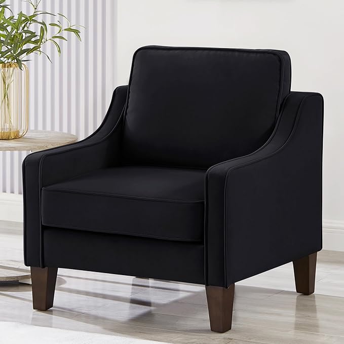 Generic Modern Armchair Living Room Single Seat Sofa Chair with Wooden Legs Upholstered Velvet Accent Chair for Living Room BedroomTaupe (Black)