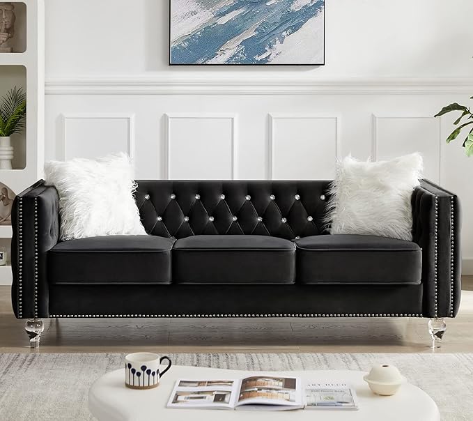Mikibama Velvet 3 Seater Sofa Couch with Buttons and Square Arms 83.07 Inch Tufted 3-seat Sofas with Trimmed Nailhead and Acrylic Legs Modern Couches for Living RoomBedroom (Black-crystal Legs Sofa)