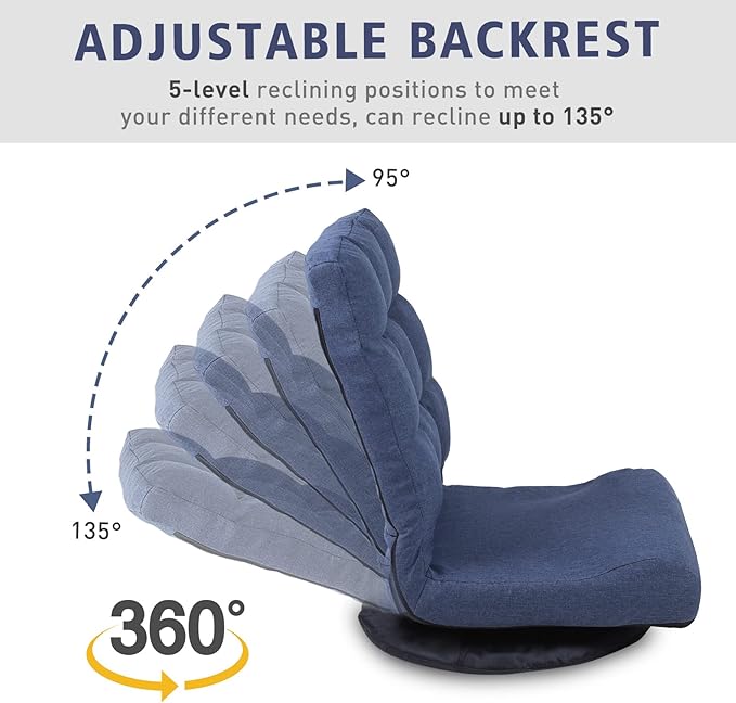 360° Swivel Floor Chair with 6-Position Backrest &amp Lumbar Support - Heavy Duty Folding Game Rocker for 300lbs Multipurpose Gaming Chair for TV Reading &amp Video Games Blue