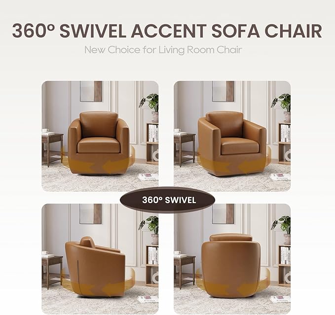 COLAMY 360° Swivel Accent Chair Set of 2 with Pillow Leather Living Room Armchair No-Sag Foam &amp Sturdy Metal Base Fully Assembled Swivel Single Sofa for Bedroom Living Room Reading Room Brown