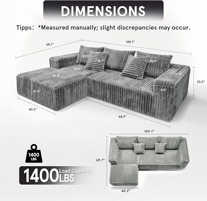 Sytopia 109 L-Shaped Cloud Couch Modular Sectional Sofa with Deep Seat for Living Room Bedroom Modern Floor Couch Corduroy Comfy Sleeper Futon Sofa Bed 40D Foam Furniture Left Facing