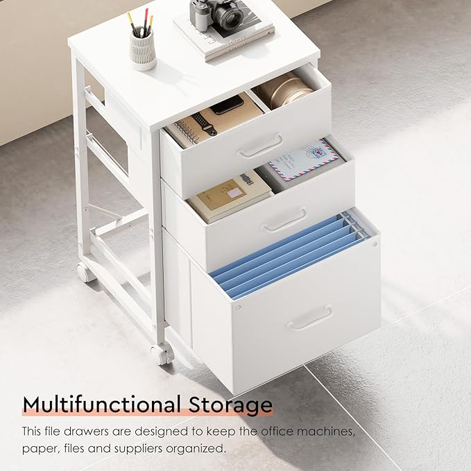3 Drawer Mobile File Cabinet with Wheels Fabric Vertical Filing Cabinet fits A4 or Letter Size for Home OfficeWhite