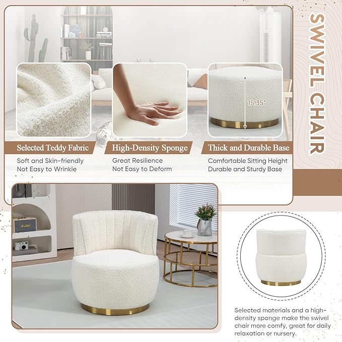 KINFFICT Swivel Barrel Chair Modern Upholstered Accent Chair 360° Swivel Round Lounge Chair with Gold Metal Base Comfy Arm Chair Sherpa Chair for Nursery Living Room Bedroom Club White