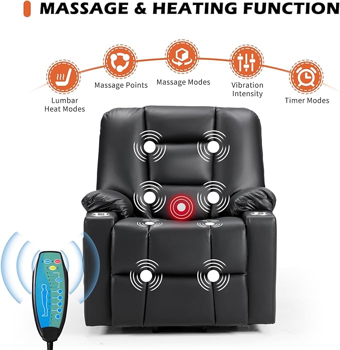 CANMOV Leather Power Lift Recliner Chair for Elderly Lift Chair Single Sofa with Massage and HeatingElectric Lift Recliner with Cup Holders USB Port for Living RoomBlack