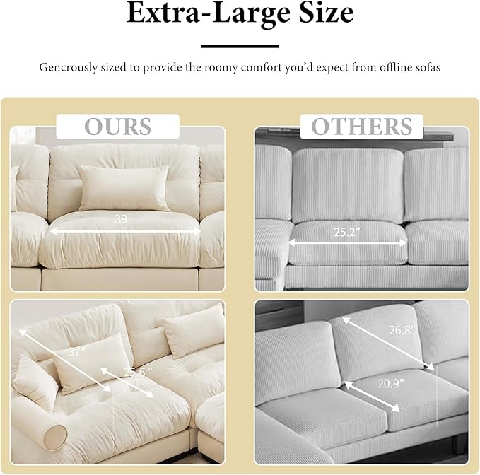 166 Oversized Couch 4 Seater Modular Sectional Sofa Beige White Large U Shaped Sectional Couches Fluffy Couch Set 4 Seater Velvet Cloud Couches with Ottoman Sofas for Living Room