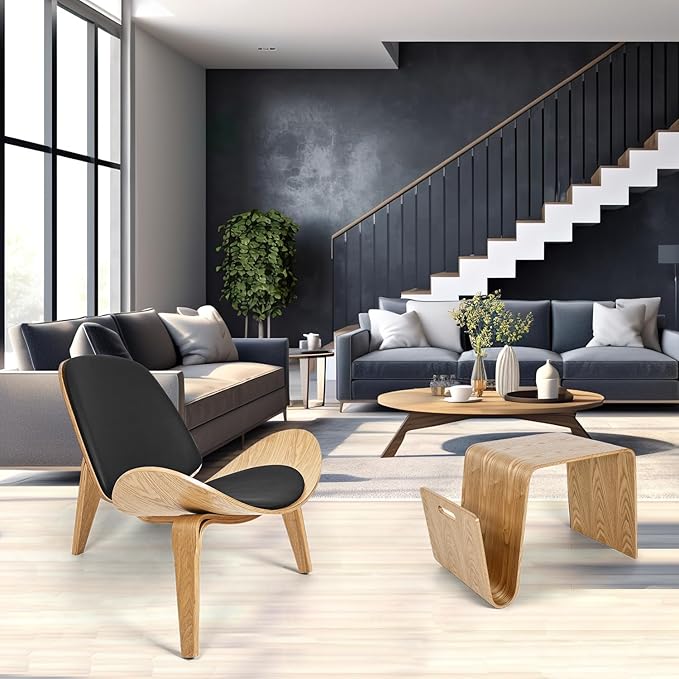 Hans Wegner Style Three-Legged Shell Chair Ash Plywood Black Faux Leather Accent Chair Living Room Furniture Mid-Century Modern Shell Chair
