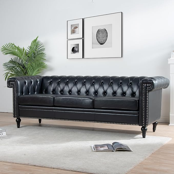 PU Leather Chesterfield Sofa 84'' Modern 3 Seater Couch Furniture with Square Arms and Wood Legs for Living Room Bedroom Apartment(Black)