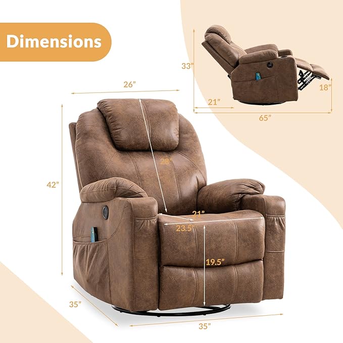 Swivel Rocker Recliner Chair - Manual Glider Rocking Recliner Ergonomic Chair with Heated Massage 4 Pockets/Cup Holders/USB Ports/Remote Control Brown