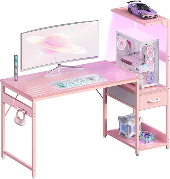 Casaottima 48 Inch Gaming Desk with Storage &amp LED Lights Reversible Computer Desk with Display Shelves &amp Fabric Drawer Modern Gamer Desk Table with Side Headphone Hook Carbon Fiber Pink