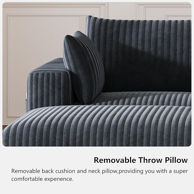 108 Boneless Couch Modular Sectional Couches for Living Room L Shaped Deep Seat Chaise with Side Pockets No Assembly Required Plush Corduroy Fabric Sleeper Sofa for Apartments Dark Grey