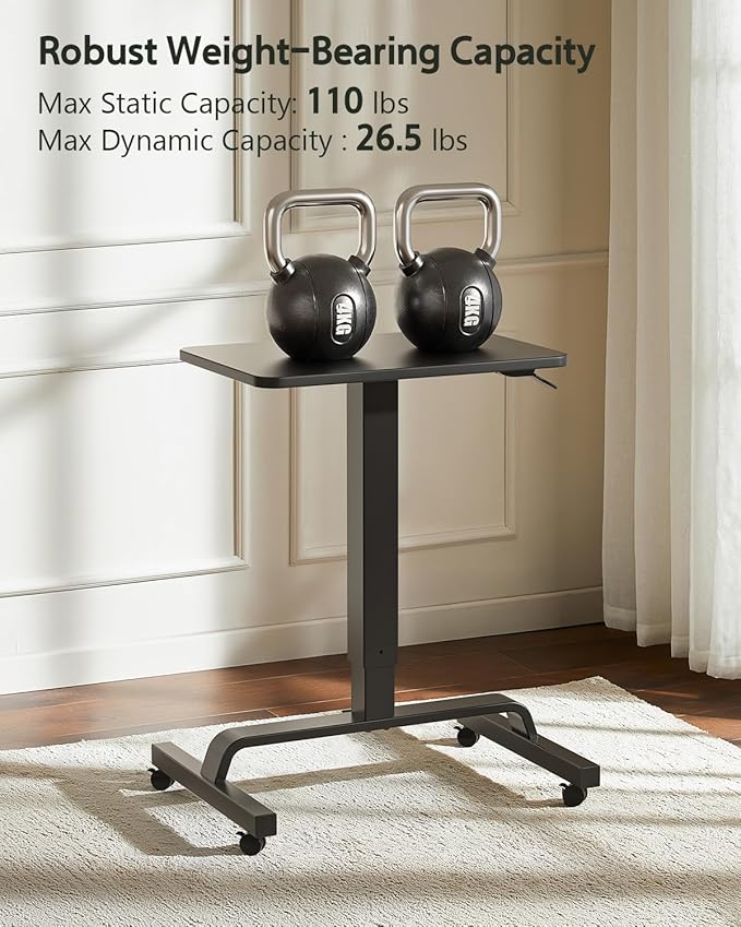 KINGSMITH Height Adjustable Mobile Standing Desk with 360° Swivel Casters 29-45 Pneumatic Rolling Desk on Wheels Perfect for Home Office Bedroom Living Room Black