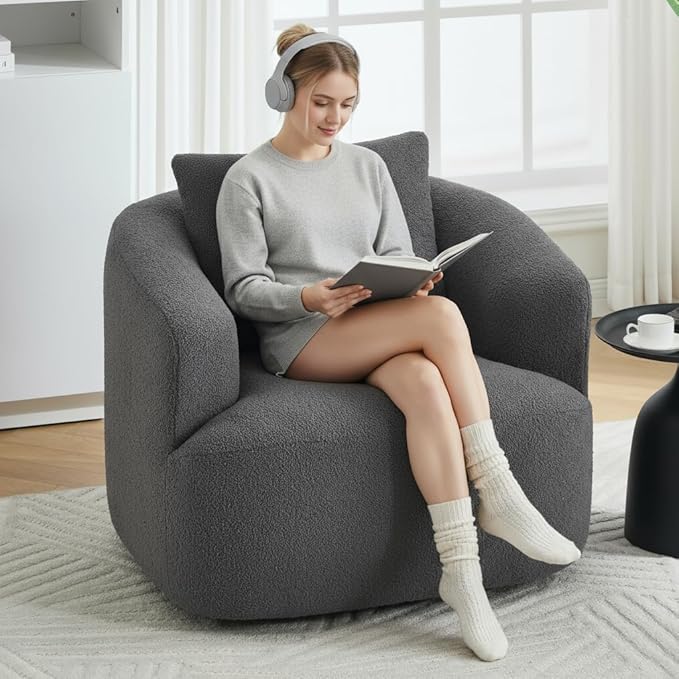 PELUMY Swivel Accent Chair Modern Round Barrel Chair Soft Teddy Fleece Fabric Swivel Chair for Living Room 360 Rotating Small Space Comfort Reading Chair No Tools Assembly (Dark Grey)