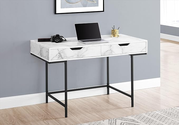 Penau Computer Desk for Home Office White Marble Look with 2 Storage Drawers Contemporary Black Metal Frame 48 Inch