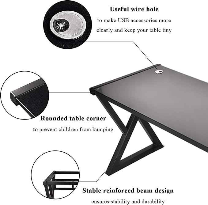 Computer Desk Tempered Glass Desk Home Computer with Metal Frame Desk Table for Home Office Gaming Modern Sturdy Writing Desk for Small Spaces 55.1-black