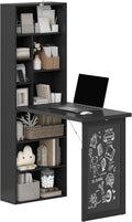 HOMCOM Foldable Convertible Writing Table Wall Mounted Space-Saving Computer Desk with Chalkboard and Storage Shelves for Small Spaces Home Office Bedroom Dorm Apartment Black