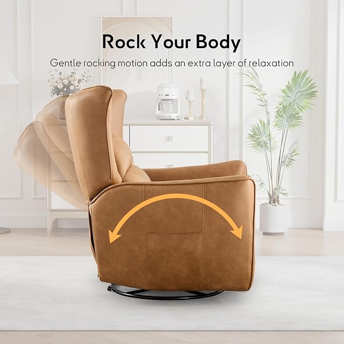 Bonzy Home 270° Swivel Power Recliner Chair 30° Rocking Chair with Lumber Cushion and Highly Enveloping Backrest Electric Reclining Home Theater Seat for Nursery Bedroom Living Room Brown