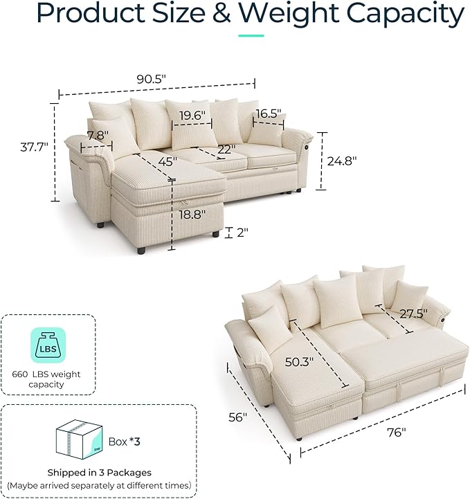 LINSY HOME 90.5'' Sectional Sleeper Sofa with Pull Out Couch Bed Modular (Beige 90.5'') | USB Charging Pillow-style Armrest Multiple Cushions Storage Chaise Corduroy Fabric