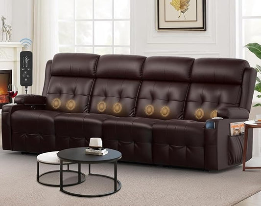 Reclining Couch 113 PU Leather Sofa Recliner with Massage - 4 Seat Home Theater Seating Comfy Soft Manual Wall Hugger Reclining with Lumbar Support Sofa Set for Family Living Room Brown