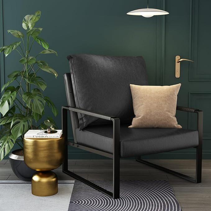 AWQM Modern PU Leather Accent Chair Arm Chair with Extra-Thick Padded Backrest and Seat Cushion Sofa Chairs for Living Room Bedroom 105 Degree Slant Back Non-Slip Adsorption Feet-Black（Set of 1）