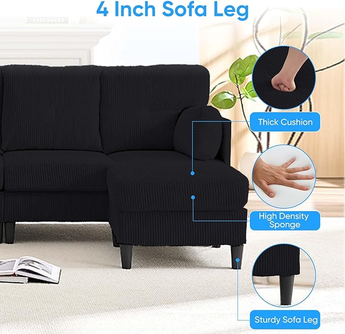 Mjkone Sectional Sofa Couch with Ottoman U Shape Sofa for Living Room Corduroy Convertrible Couches with Double Chaises 6 Seater Sofas for Living Room/Home Office/Guest (Black)