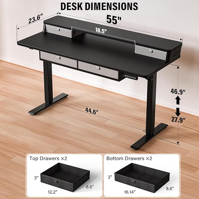 Electric Standing Desk with 4 Drawers 55 x 24 Adjustable Height Computer Desk Ergonomic Sit Stand Desk for Home Office (Black)