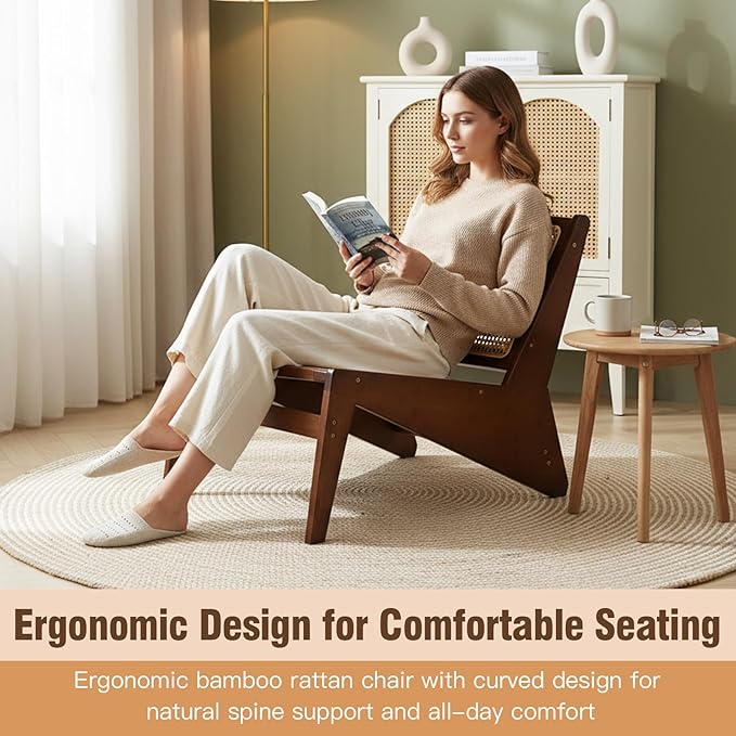 Welnow Mid Century Rattan Accent Chair Bamboo Wood Lounge Chair with Woven Cane Backrest Low Armchair for Living Room Bedroom Balcony or Reading Corner Walnut
