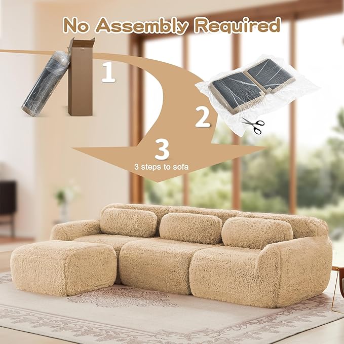 115 Sectional Couches for Living Room Comfy Boneless Couch 3 Seater Cloud Sofa Compressed U Shaped Couch with 2 Ottomans Modern Modular Sectional Plush Floor Sofa No Assembly (Camel)