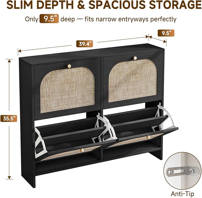 Nicetree Freestanding Arched Rattan Accent Ultra Slim Shoe Cabinet for Entryway - 4 Flip Drawers &amp 3-Tier Adjustable Shelves Farmhouse Modern Rustic Shoe Rack for Hallway Foyer Living RoomBlack