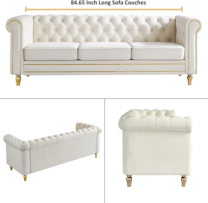 Homtique 84 Modern Sofa Couch for Living Room 3 Seater Couch Comfy Velvet Sofa Button Tufted Rolled Arms and Gold Legs Chesterfield for Home Studio/Office Bedroom Beige
