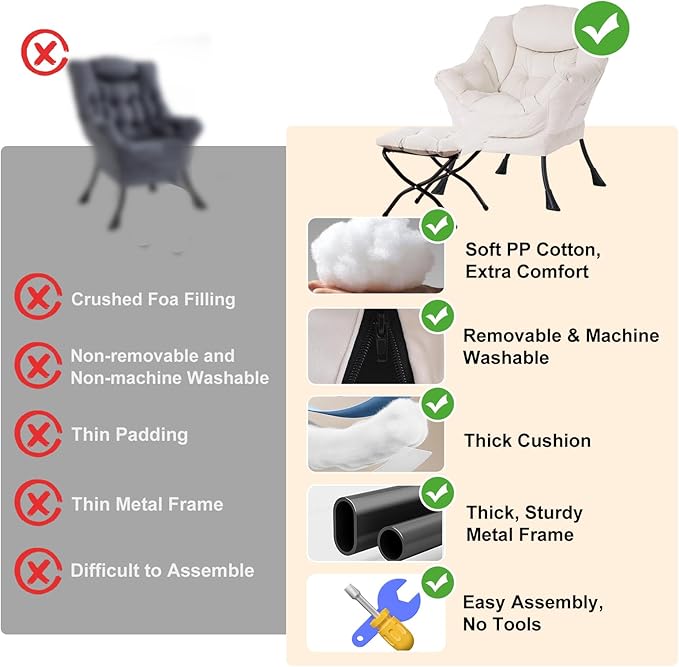 Lazy Chair with Ottoman Modern Chair with Folding Footrest Lounge Accent Chair Comfortable Reading Chair Oversized Armchairs for Bedroom Study Living Room Courtyard (Beige)