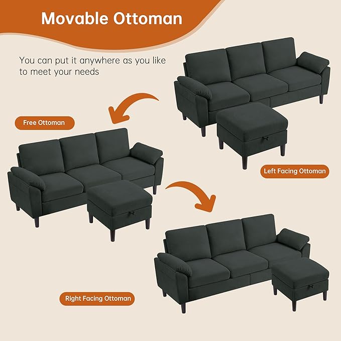 80 Convertible Sectional Sofa Small L Shaped 3 Seat Couch with Reversible Chaise Modern Fabric Sofa Couches for Living Room Apartment and Small Space Black