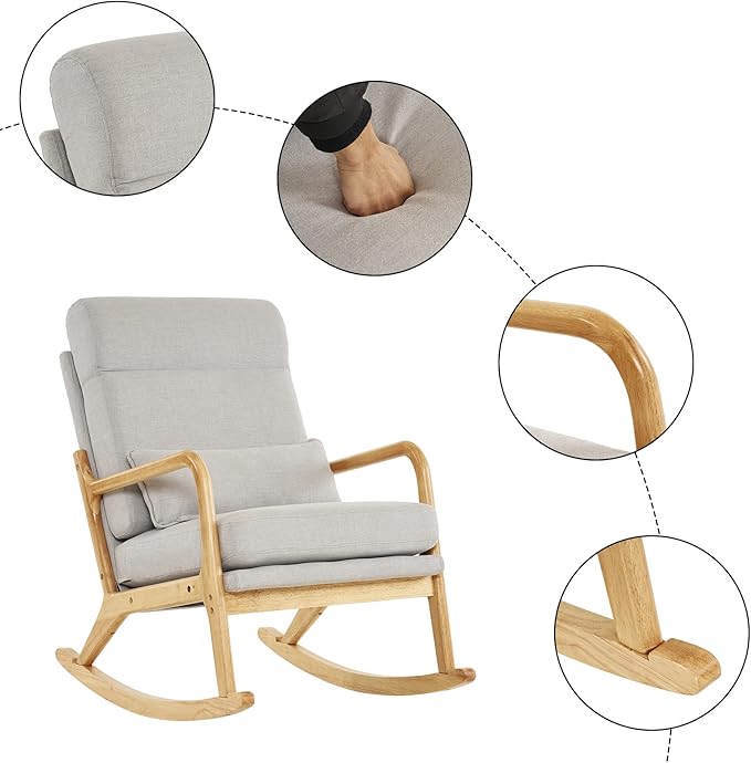 Rocking Chair Nursery Glider Rocker Convertible Rocking Armchair to Accent Chair Mid-Century Modern Chair with Lumbar Pillow for Bedroom Living Room Nursery Light Gray