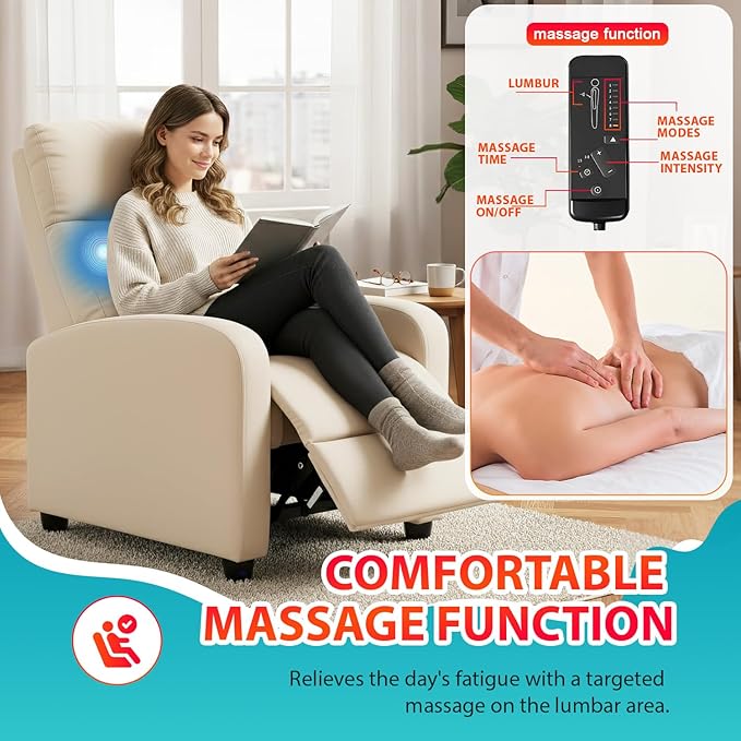 BestMassage | Recliner Chair | with 2 Point Massage Function | Textile Beige | with Lumbar Support Adjustable Push Back Footrest &amp Padded Seat | Easy Assembly | for Living Room Home Theatre