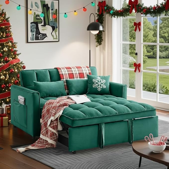 3 In 1 Velvet Convertible Sofa Bed Pull Out Couch Bed with Reclining Backrest And 2 Pillows 54 Full Size Loveseat Sleeper Sofa Futon Couch Bed Couches For Small Spaces Living Room (Green)