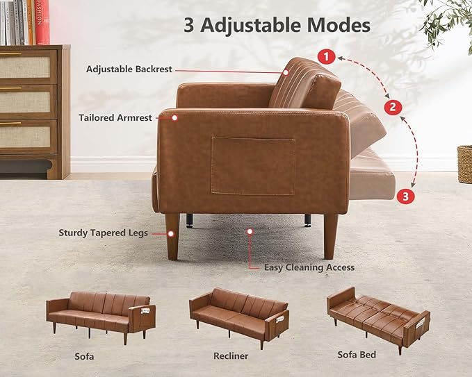 GarveeHome 75 in Futon Sofa Bed Mid-Century Futon Couch PU Leathe Convertible Sleeper Couch with Adjustable Backrest Loveseat and Side Pockets for Living Room &amp Bedroom (Coffee)