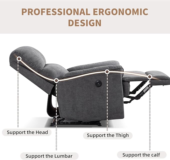 Power Recliner Chair for Adults with USB Port Breathable Fabric Electric Recliners with High Back Single Overstuffed Heavy Duty Reclining Sofa for Small Spaces Living Room Bedroom