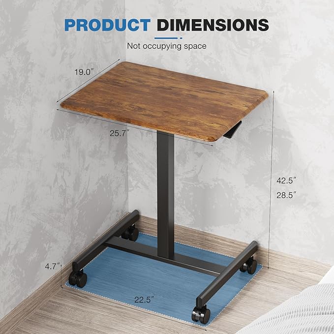 Rolling Laptop Stand Small Standing Desk with Wheels Adjustable Height Rolling Table with Metal Base Lockable Catsers Computer Rolling Table for Couch Home Office 25.7'' × 19'' Brown