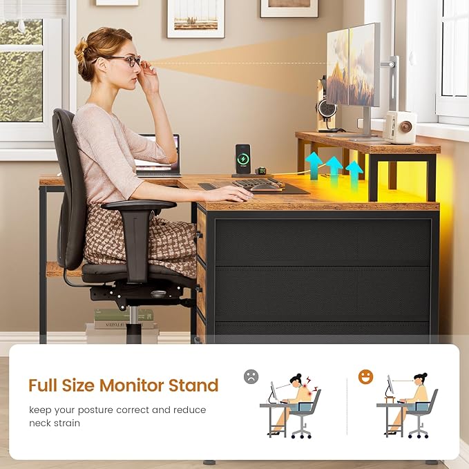 SEDETA L Shaped Desk with 4 Drawers and Storage Shelves L Shaped Gaming Desk with LED Lights &amp Power Outlets Computer Desk with Shelves &amp Drawer Corner Desk Home Office Desk Rustic Brown
