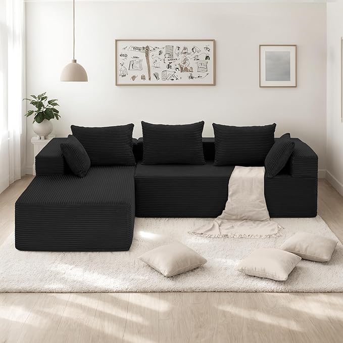 105 Modular Sectional Couches for Living RoomBoneless Couch with L-Shape ChaiseComfy Corduroy Sectional SofaNo Assembly RequiredBedroom Black