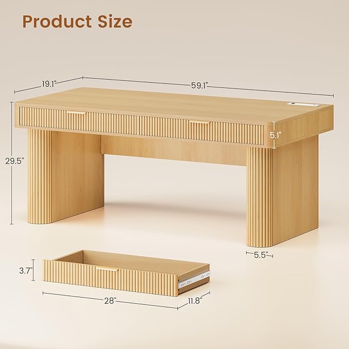 SEDETA Office Desk with 2 Drawers 59 Fluted Computer Desk with Storage and Power Strip Wood Executive Desk Writing Desk for Home Office Living Room Bedroom Oak