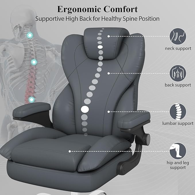 Office Desk Chair Executive Leather Office Chair High Back Ergonomic Home Desk Chair with Padded Flip-up Arms Big and Tall Computer Chair with Rocking Function 360°Swivel Free Gray