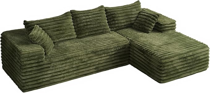 103” Sectional Couch for Living Room Modular Deep Seat L-Shaped Corduroy Sofa No Assembly Plush Wide Fabric Green with Right Facing Chaise